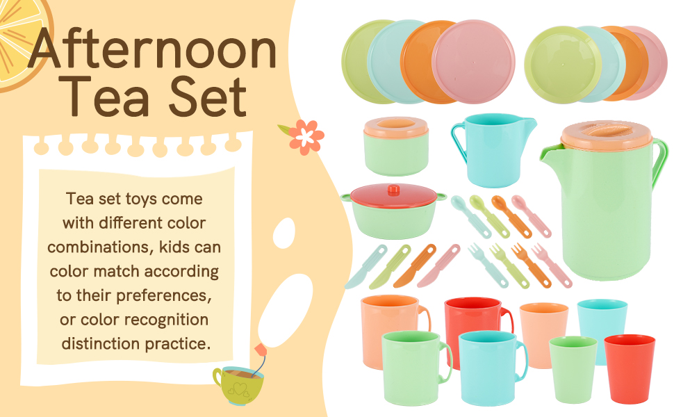 HERSITY Play Tea Sets for Toddlers, Kids Toy Cups and Plates Cutlery