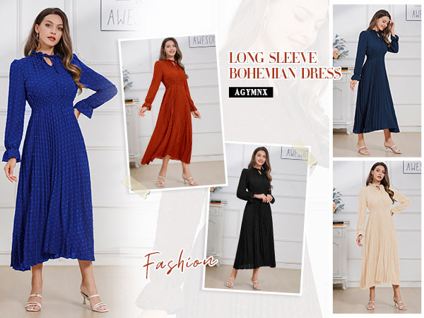 Women's 2024 Fall Midi Dress Casual Long Sleeve Swiss Dot