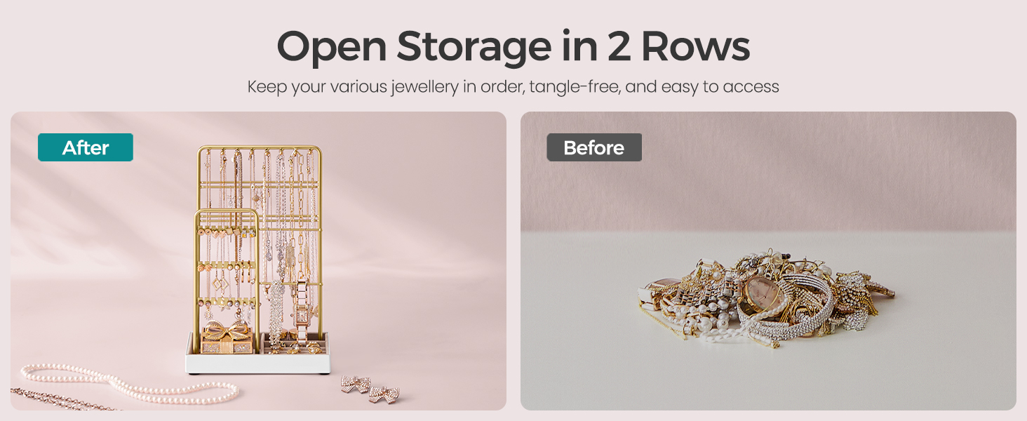 Before and after images of jewelry storage. 'After' shows a gold-colored, wall-mounted organizer with multiple hooks and bars for neatly displaying necklaces and other accessories.