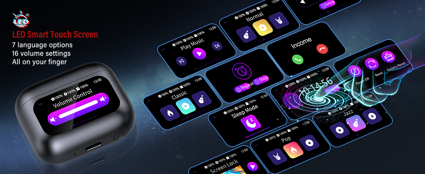 Series of digital interface screens showing smart device controls with purple and blue illuminated icons for various functions and settings against a black background.
