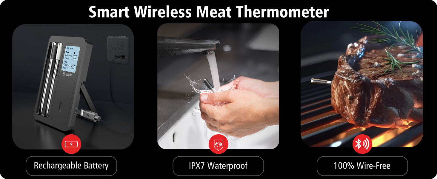 BFOUR True Wireless Meat Thermometer with 2 Meat Probes, 328FT Wireless