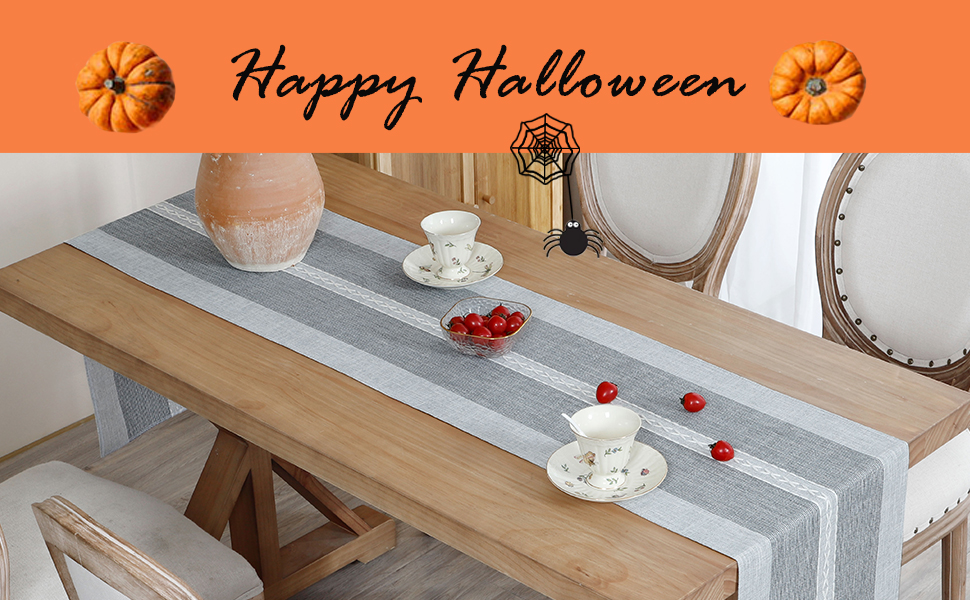 Farmhouse Braided Striped Table Runner Rustic Embroidery