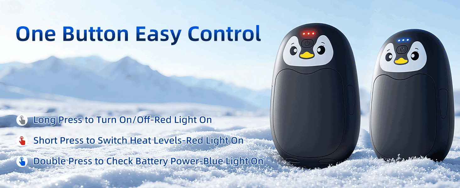 Text reads 'One Button Easy Control'. Product interface showing penguin-themed controls against snowy background. Additional text indicates battery and power button functions.