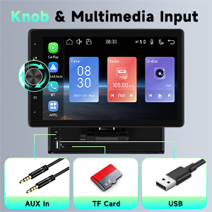 Close-up image showing the rotary knob and the USB, AUX, and SD card input ports located behind the screen.