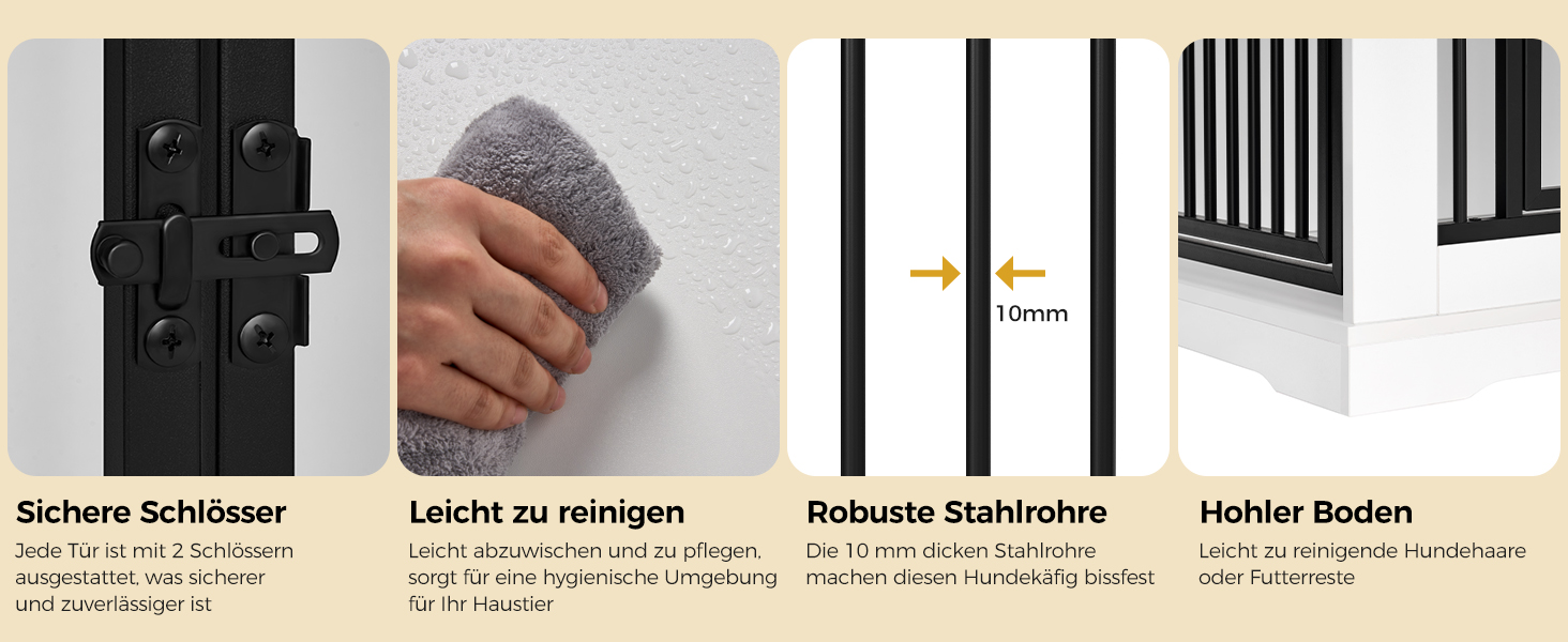 Der Text lautet „Sichere Schlösser, Leicht zu reinigen, Robuste Stahlrohre, Hohler Boden“. Das Diagramm mit den Produktmerkmalen zeigt Sicherheitsschlösser, Reinigung, Stahlrohre und die Konstruktion mit hohlem Boden.