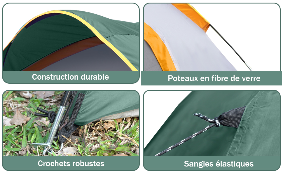 Der Text lautet: „Construction durable“, „Panneaux en fibre de verre“, „Crochets robustes“, „Sangles élastiques“. Die Produktspezifikationen werden auf Französisch mit zugehörigen Symbolen angezeigt.