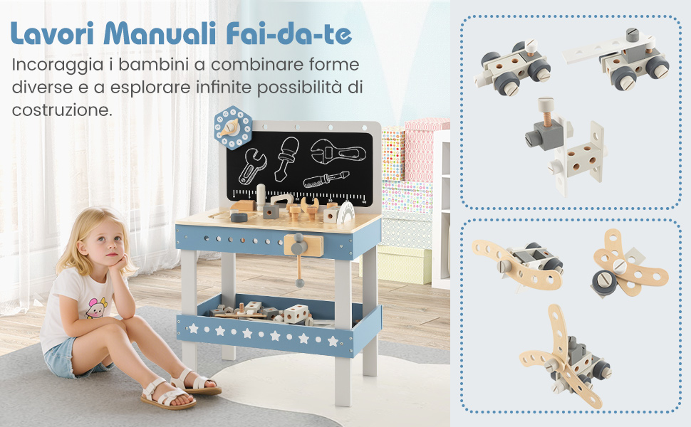 Banco da lavoro per bambini in legno con attrezzi e lavagna. Le immagini inserite mostrano giocattoli da costruzione in legno. Un bambino è seduto sul pavimento vicino al banco da lavoro