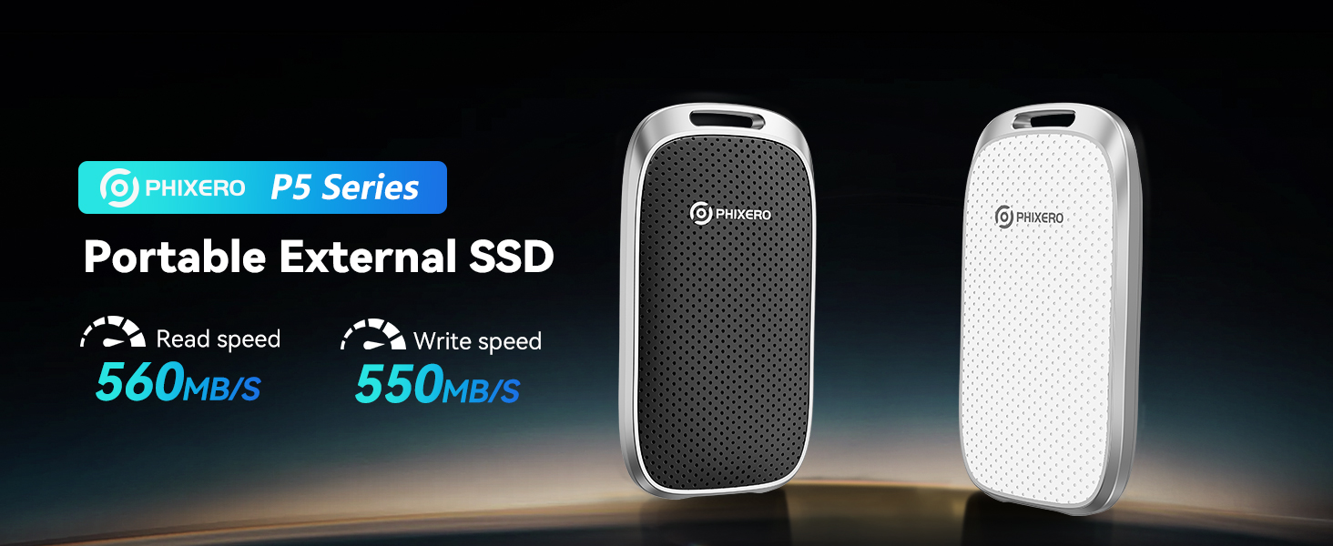 Portable external SSD in black and white versions. Product features 560MB/s read speed and 550MB/s write speed. Compact, oval-shaped design with textured surface.
