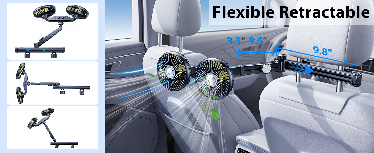 DICMKY Dual Head Car Cooling Fan for Back Seat with Long Arm, 360 Rotatable, USB Powered, 