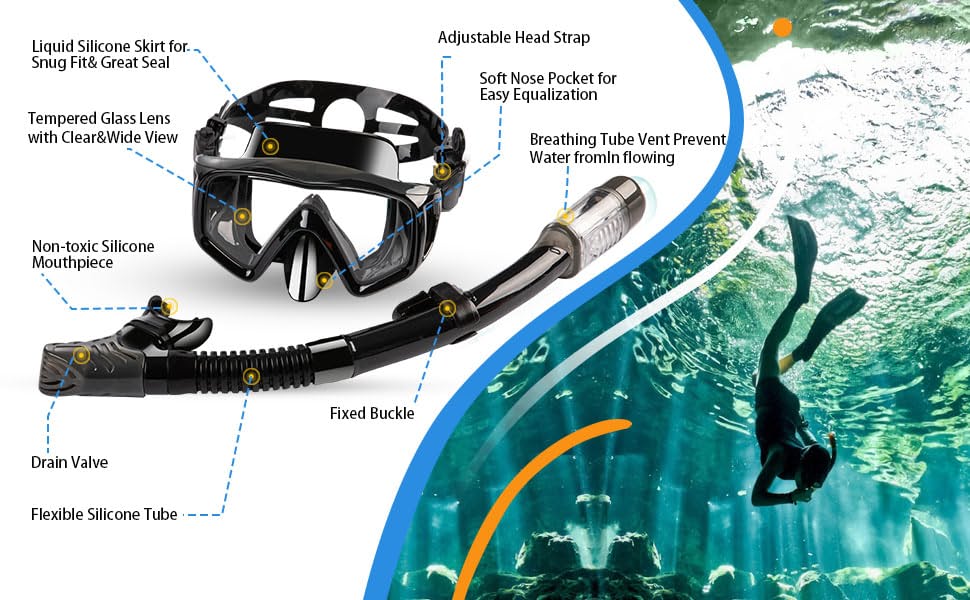 Snorkel Set Adults, Panoramic Wide View Scuba Mask, AntiFog Tempered