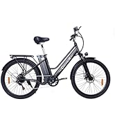 Electric bicycle with step-through frame, black color, front suspension fork, rear rack, disc brakes, and wide tires. Features include integrated battery and front LED light.