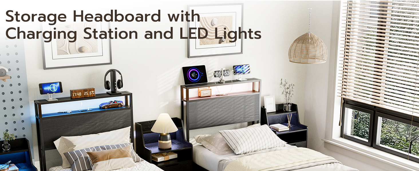 IKIFLY Twin Size Storage Headboard with LED Lights