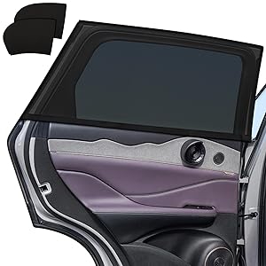 Car window sunshade in black, custom-fit to rear side window. Shown partially installed on a vehicle with purple interior door panel visible.