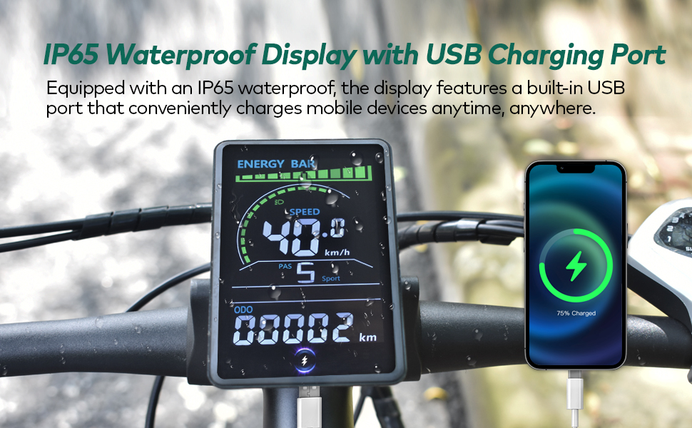 Mcezdy Ebike Display demonstrating its IP65 waterproof capability and the integrated USB charging port in use with a mobile device