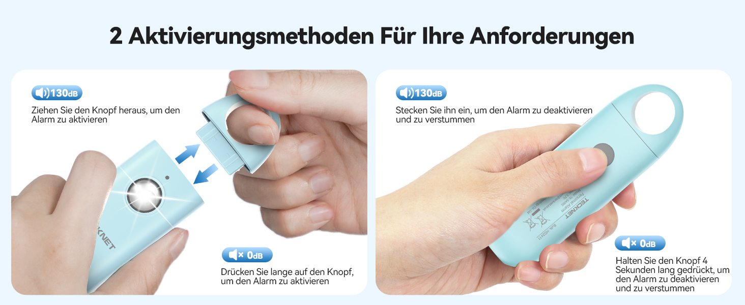 Der Text lautet: '2 Aktivierungsmethoden Für Ihre Anforderungen'. Anleitungssequenz, die zeigt, wie ein hellblaues Handgerät mit Tastensteuerung bedient wird.