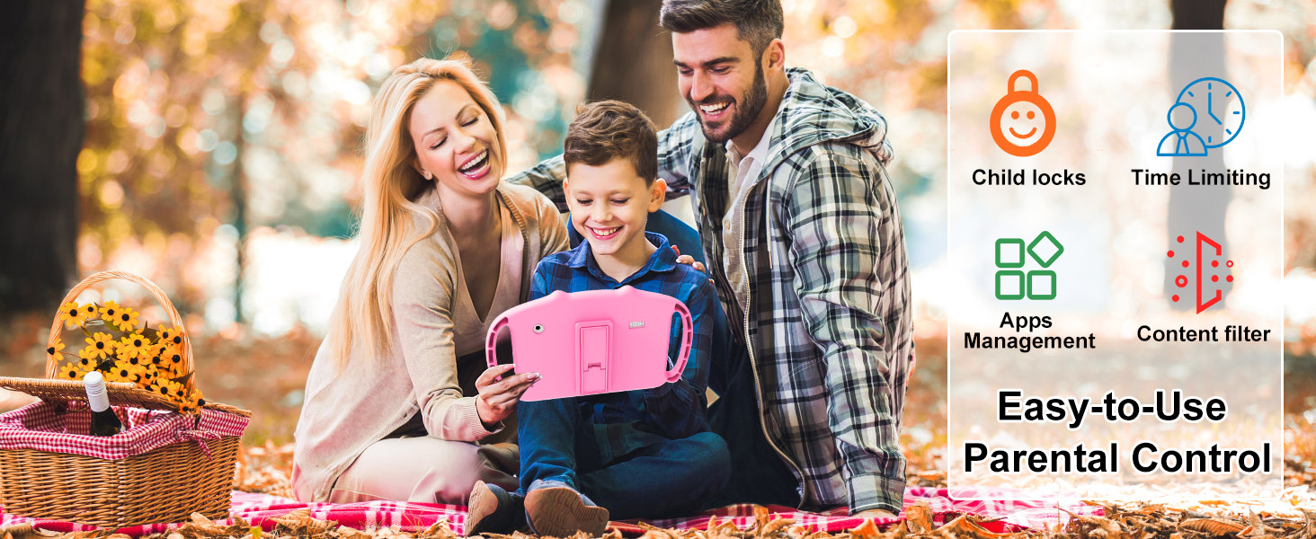 Family in autumn setting. Icons overlay image, suggesting app features like chat, location tracking, and parental controls.
