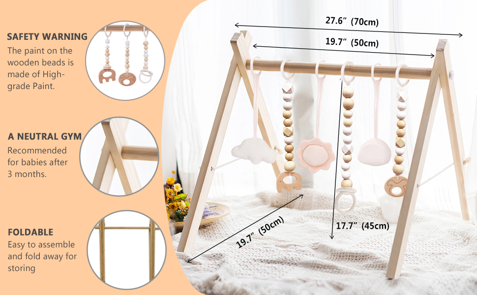 Wooden Baby Gym with 6 Wooden Baby Toys Foldable Baby Play Gym Frame Activity Gym Hanging Bar