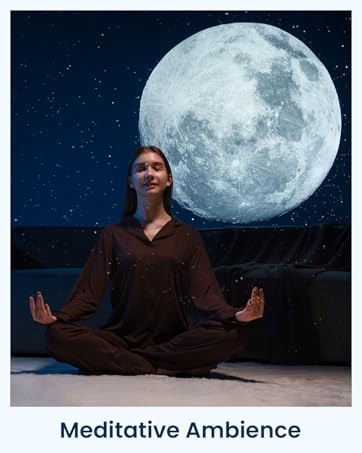 Night meditation scene with large full moon in starry sky backdrop, creating serene ambiance with dark silhouetted landscape below.