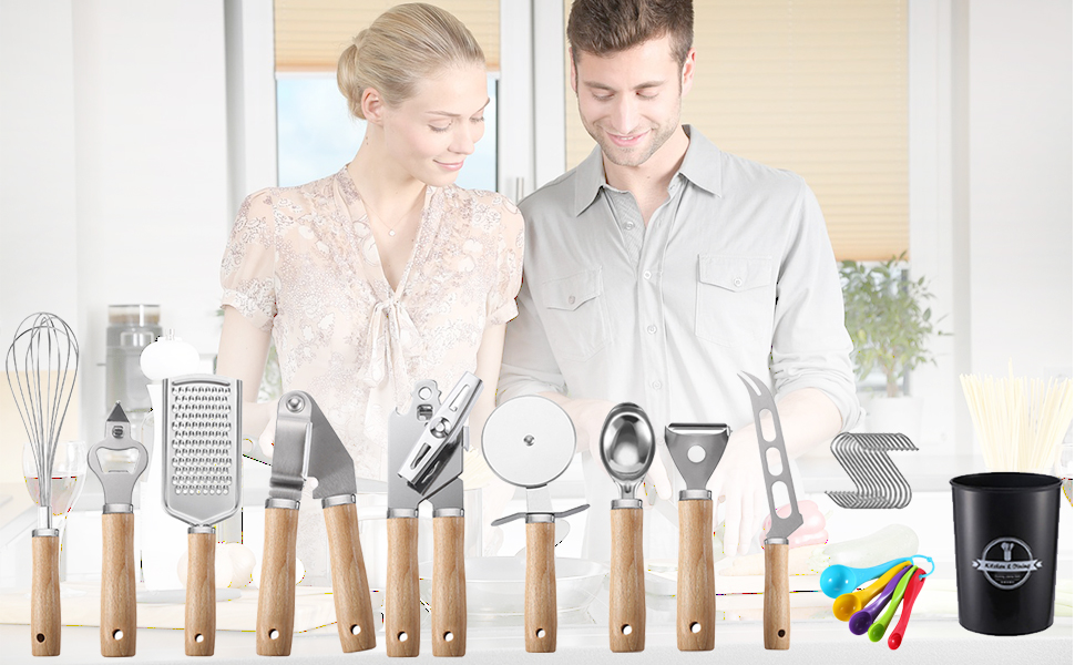 Stainless Steel Kitchen Gadget Set With Wooden Handle