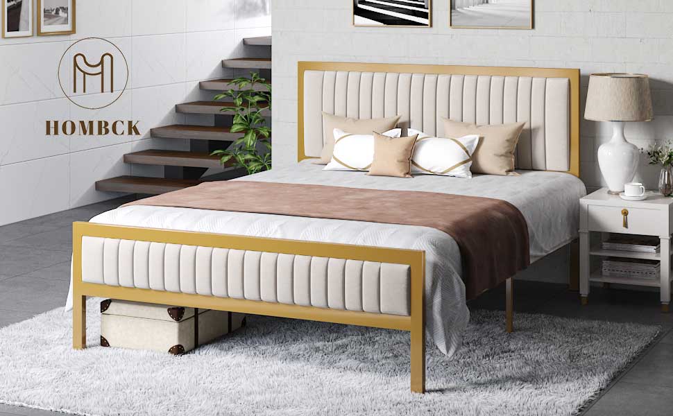 Full Size Metal Bed Frame with Upholstered Headboard and