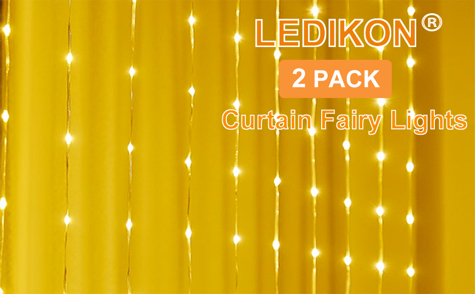 LEDIKON 2Pack Curtain Lights Indoor 600 LED Fairy Curtain String Lights USB Plug
