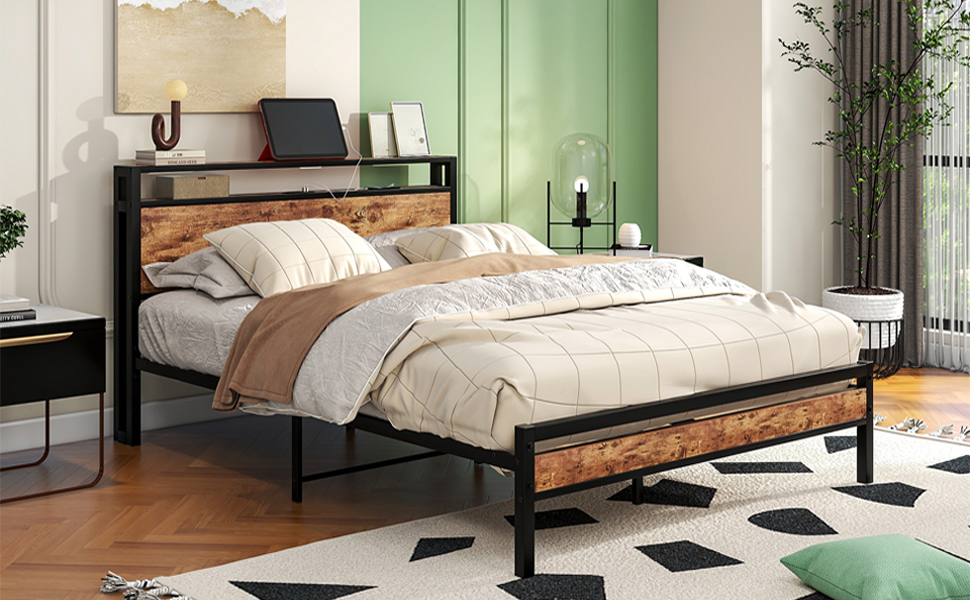 HOJINLINERO Full Size Bed Frame with Storage Headboard/USB