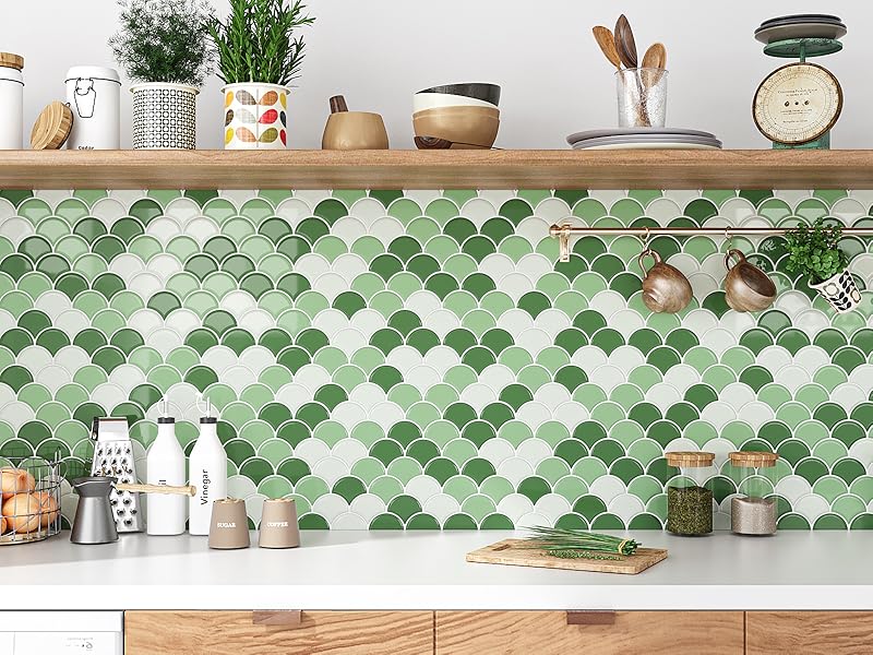 VEELIKE Green Fish Scale Peel and Stick Backsplash Tile Green Back