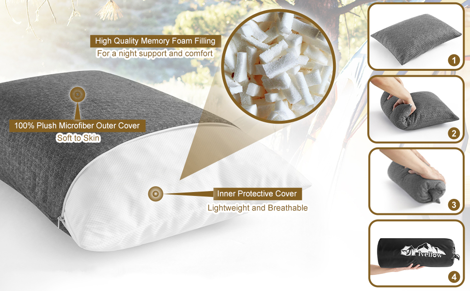 Ivellow Memory Foam Travel Pillow Compressible Camping