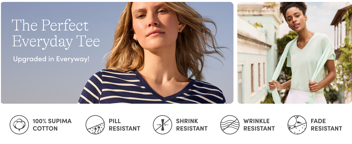 The perfect everyday tee, woman wearing lands&#39; end supima v-neck tee, Timeless style, comfort