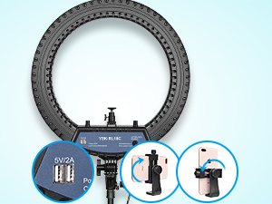 USB charging port and phone holder on the ring light
