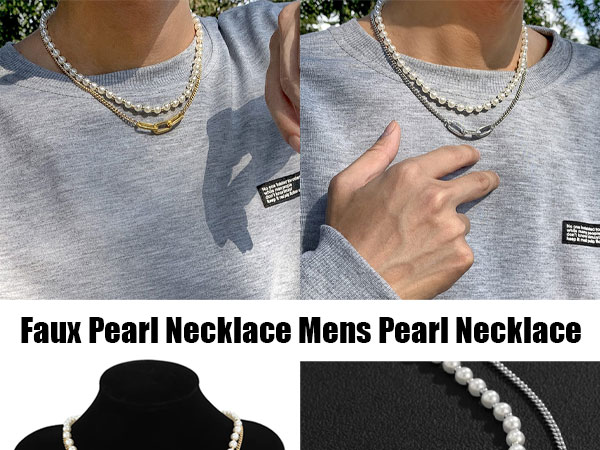 Pearl Necklace Mens Pearl Necklace Layered Link Chain Pearl Necklace Mens Pearl Necklace Layered Link Chain