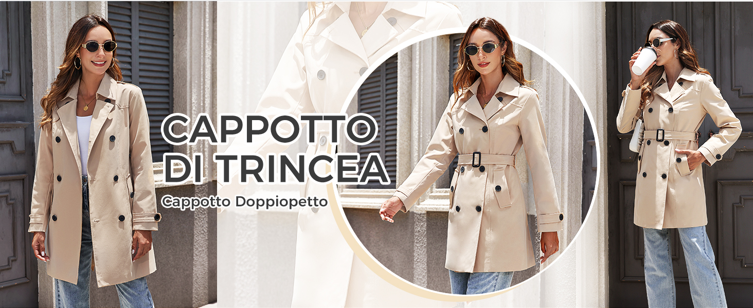 Classico trench beige presentato in tre pose, con design a doppiopetto, cintura e dettagli tradizionali
