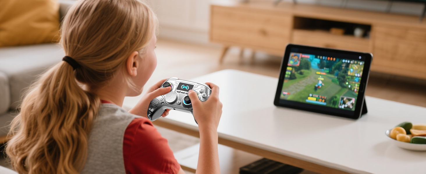Multiple gaming scenes showing tablet and controller use in casual home settings. People engaged in interactive gameplay on portable devices.