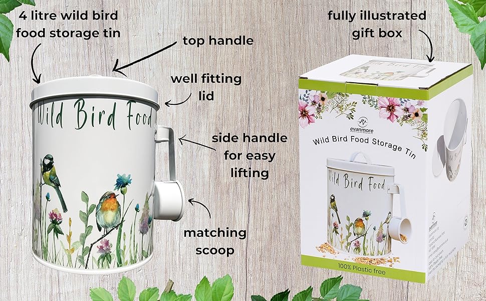 Wild Bird Food Storage Tin Garden Birds Seed Feed Metal Container 4L (2kg) Canister With Scoop