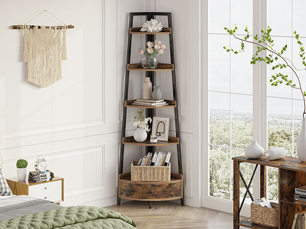 Seventable Corner Shelf with Drawer, 5-Tier Corner Bookshelf