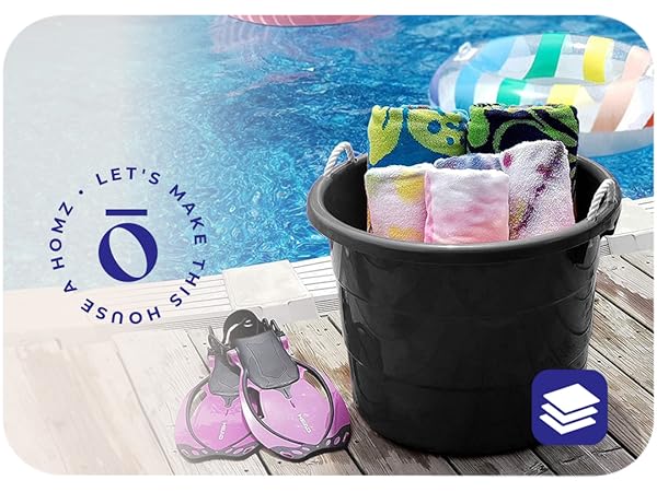 Homz 18 Gal Plastic Utility Storage Bucket Tub w/ Rope Handles, Black, (2 Pack)