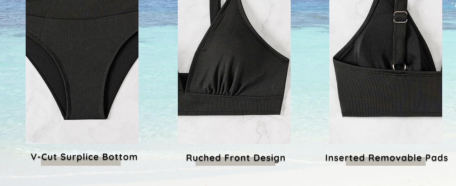 High Cut Bikini Bottom Textured Swim Top Removable Padded Bra Supportive