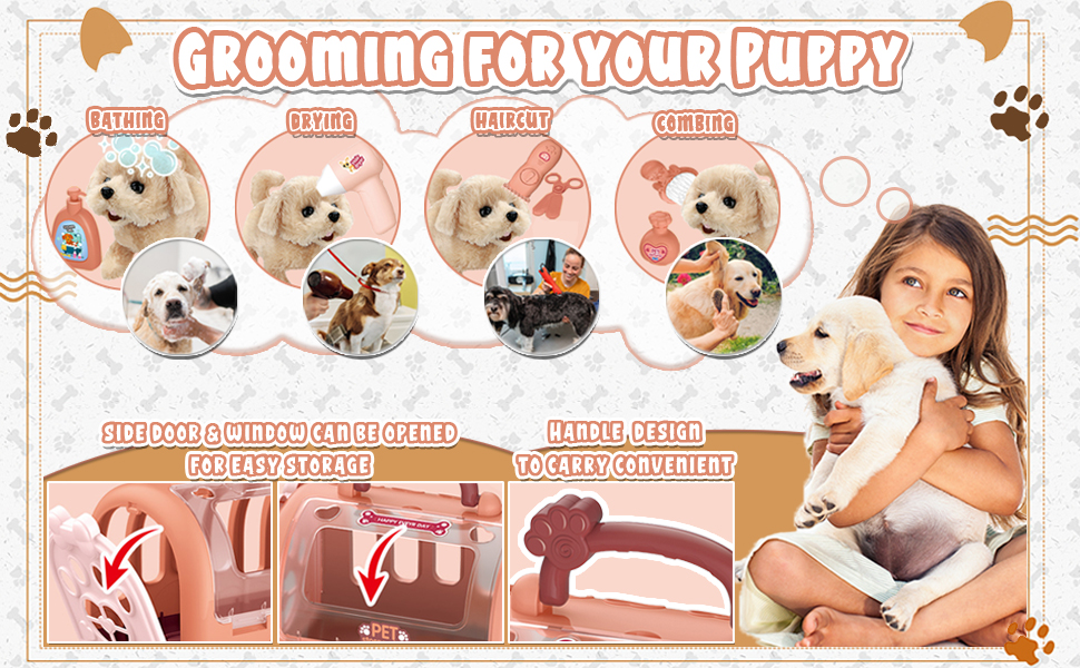 TEUVO Pet Care Play Set Robot Dogs Toys for Kids Interactive Girl Toys Grooming Stuffed Pet