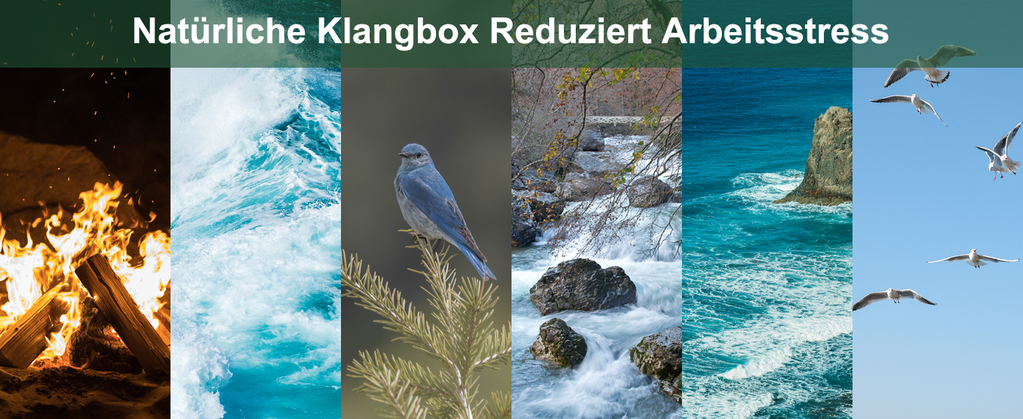 Natürliche Soundbox zur Reduzierung von Arbeitsstress. Collage aus Naturbildern: Lagerfeuer, Wellen, Vogel, Wasserfall und Möwen über dem Meer