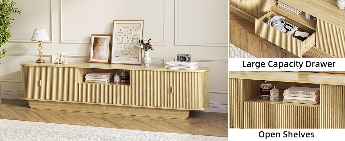 Tambour TV Stand, Modern Entertainment Center with Large Storage Cabinet & Open Shelves, TV Console