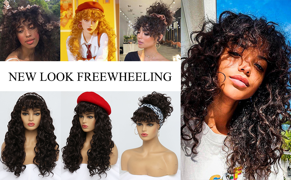 HIAYSAN Curly Wig with Bangs Long Black Wigs with Wispy Bangs Long Wave Synthetic