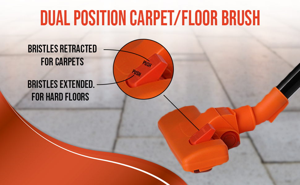 Dual-position carpet and floor brush with retractable bristles. Orange handle and mechanism for switching between carpet and hard floor modes.