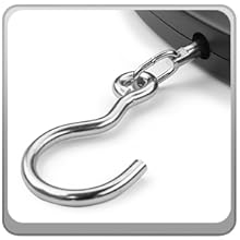 Close-up of metal hook attached to luggage; suitcase weight scale, sturdy suitcase weight scale hook