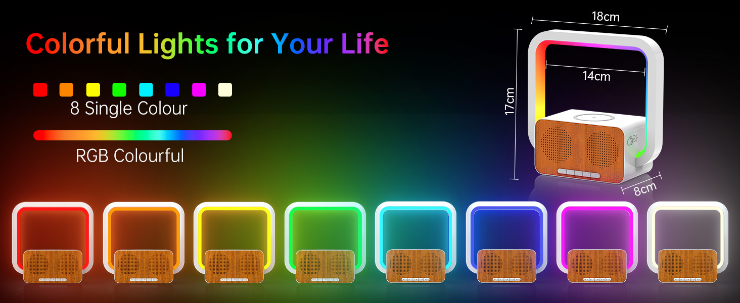 Dispositivo de luz LED que cambia de color con múltiples modos. Forma rectangular, 14 cm de altura, muestra varios colores, desde rojo hasta morado. El texto indica «Luces coloridas para tu vida