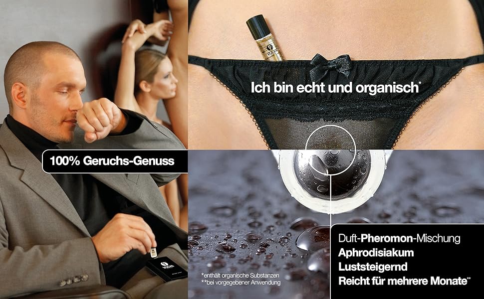 Zusammengesetztes Bild mit mehreren Paneelen: Mann beim Schnüffeln, Nahaufnahme eines dunklen Stoffes mit deutschem Text und mikroskopischer Ansicht