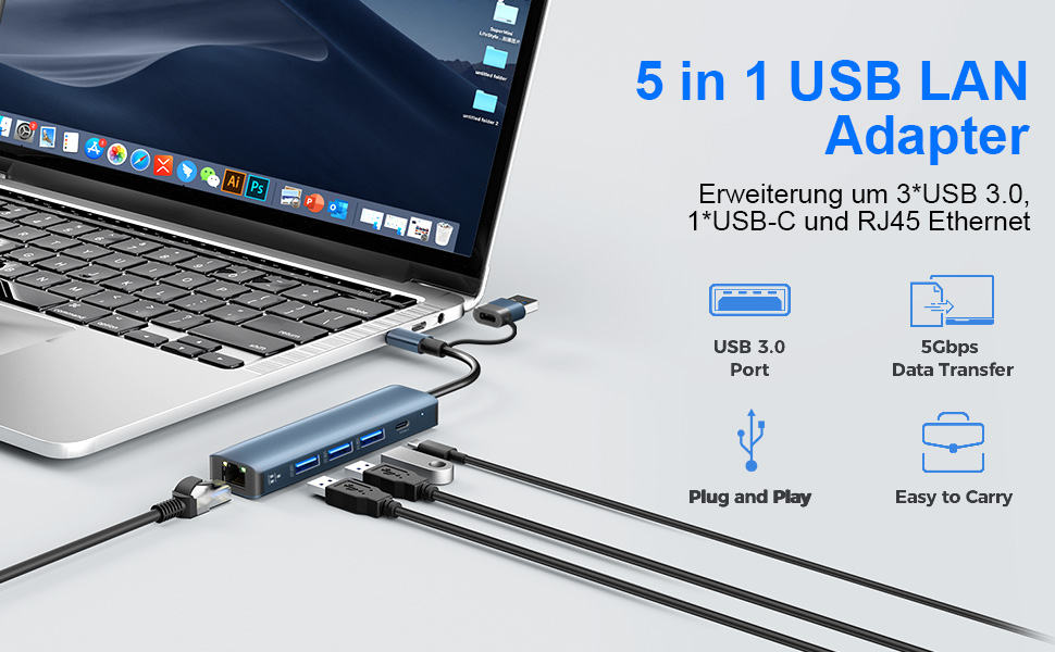 conectado a un portátil, con 3 puertos USB 3.0, 1 puerto USB-C y Ethernet RJ45. El adaptador es delgado, de color azul metálico y fácil