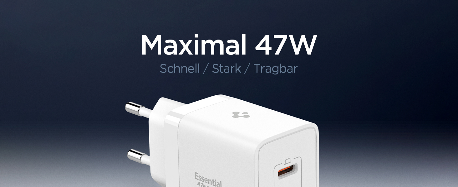 Weißes Wandladegerät mit USB-C-Anschluss. Der Text zeigt "Maximal 47 W" και "Schnell/Stark/Tragbar" (Schnell/Stark/Tragbar) an. Kompaktes Design für leistungsstarkes Laden.