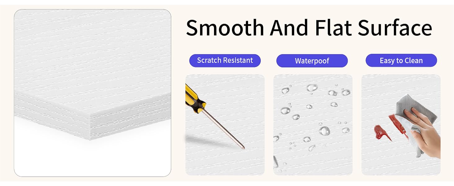 White surface with three features highlighted: 'Scratch Resistant', 'Waterproof', and 'Easy to Clean', accompanied by illustrative icons.