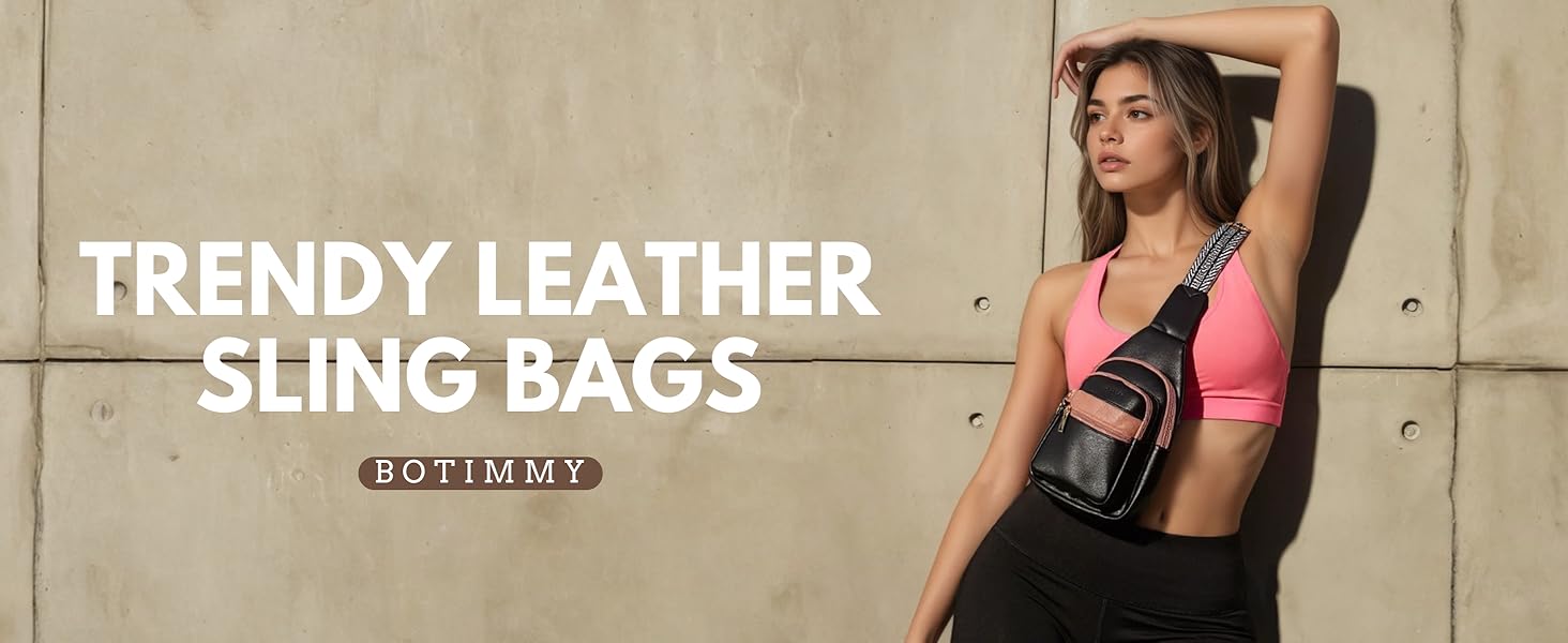 Text reads 'TRENDY LEATHER' and 'SLING BAGS'. Fashion product photography showing leather accessories against neutral backgrounds.