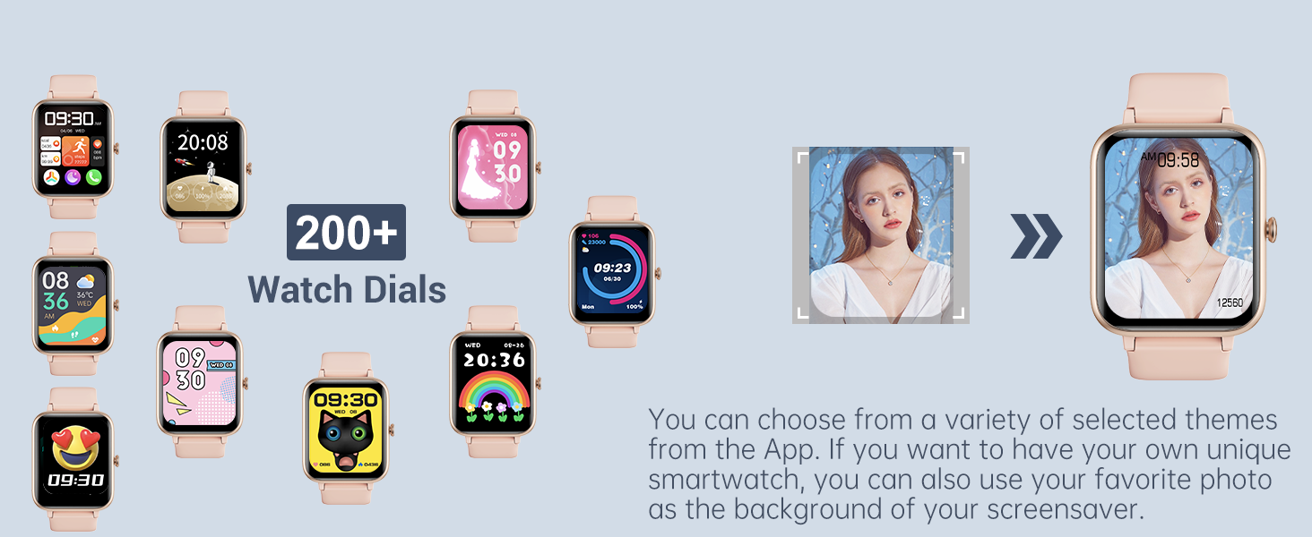 Smartwatch interface display showing multiple watch face options and customization features, with over 200 dial designs available.
